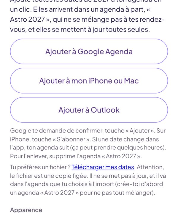 Les boutons pour ajouter les dates à son agenda