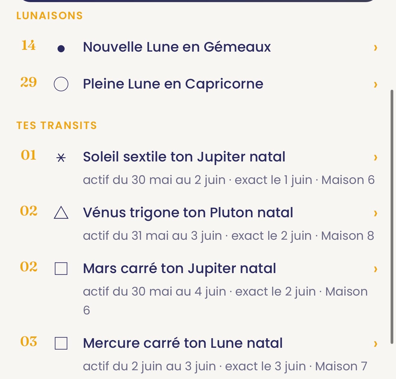 Aperçu Horizon : tes transits regroupés par catégorie