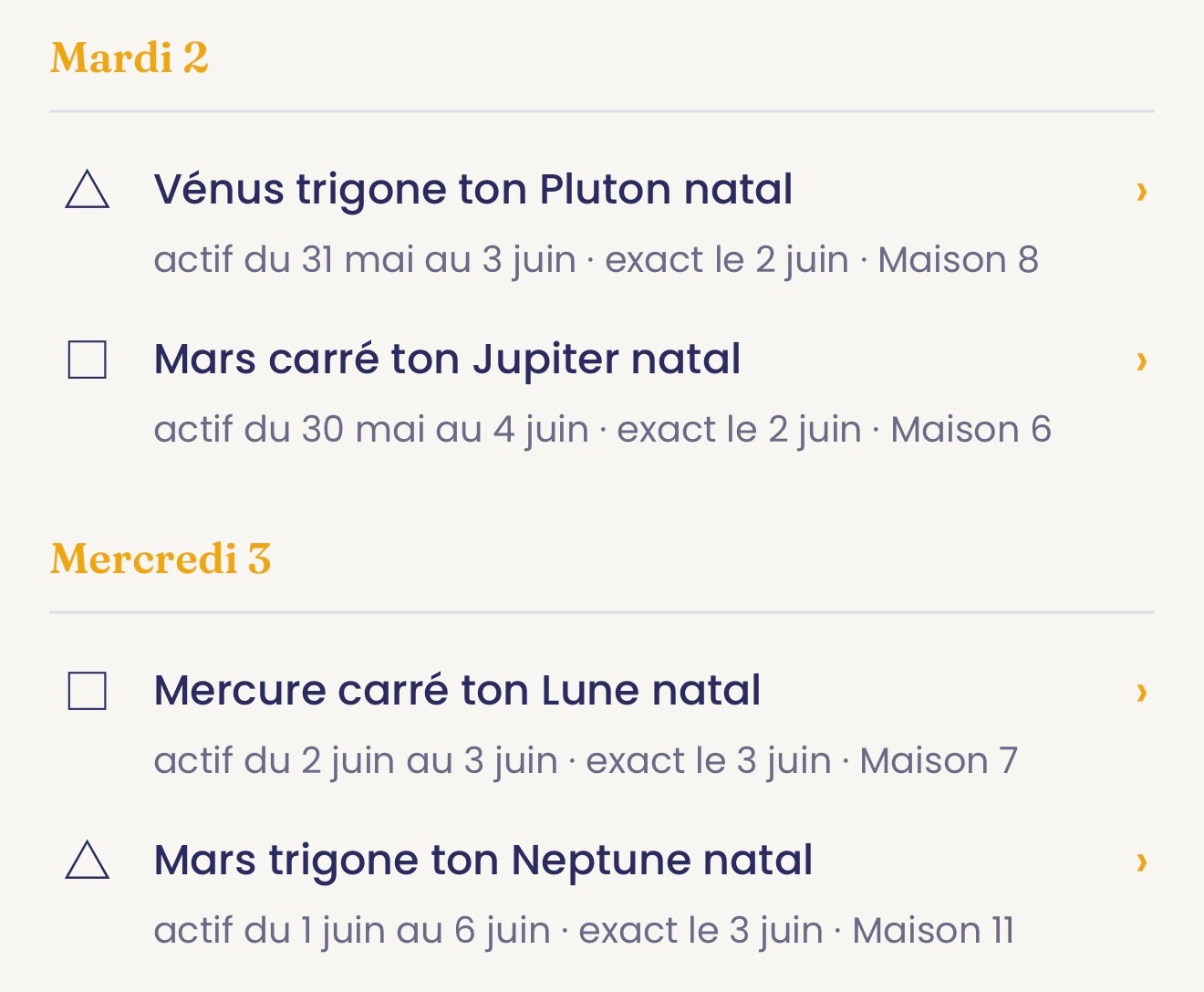Aperçu Horizon : tes transits en agenda, jour par jour