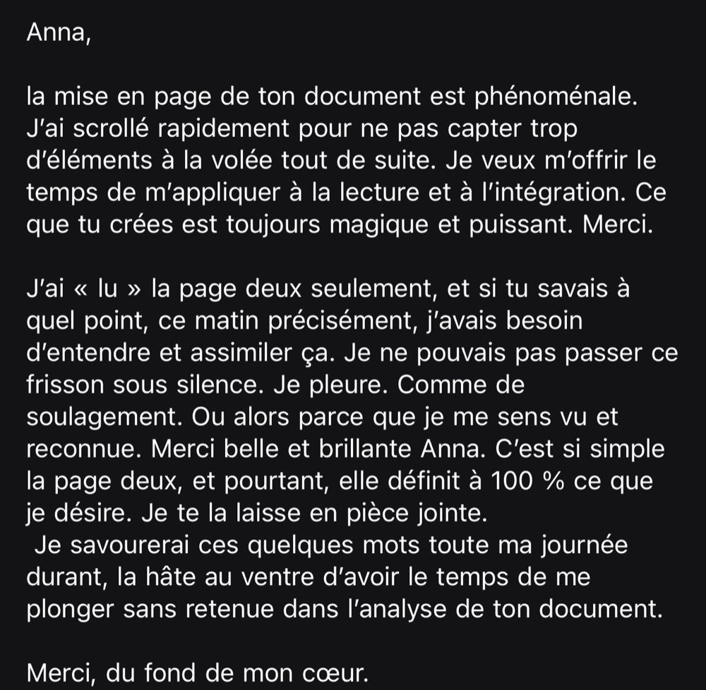 Message d'une cliente après avoir reçu son document
