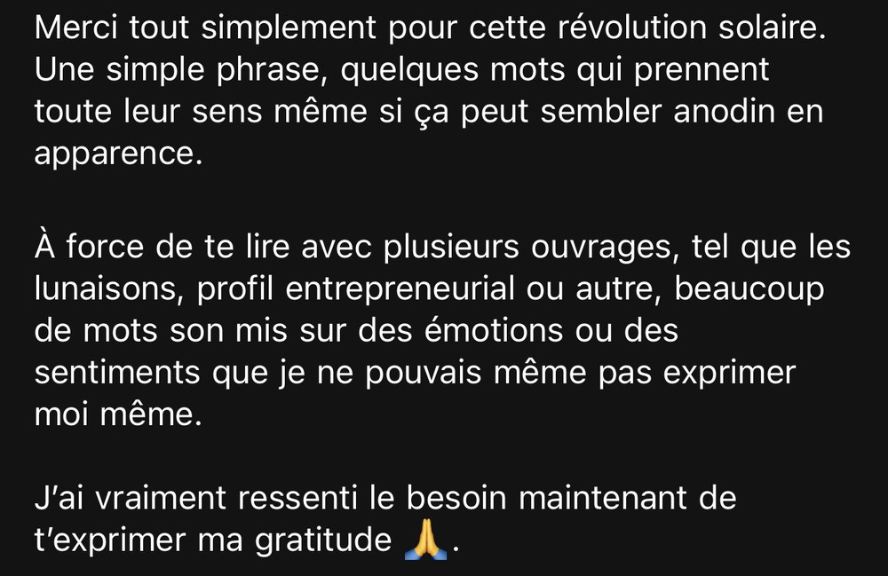 Message d'une cliente qui remercie pour sa révolution solaire